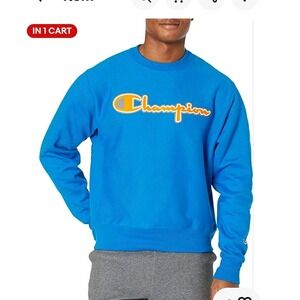 Champion Reverse Weave Blue Sweatshirt Gold Script Logo Crew Neck Mens Large NEW